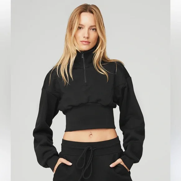 Alo Yoga Vixen Black Half-Zip Cropped Sweatshirt Small - Picture 1 of 6